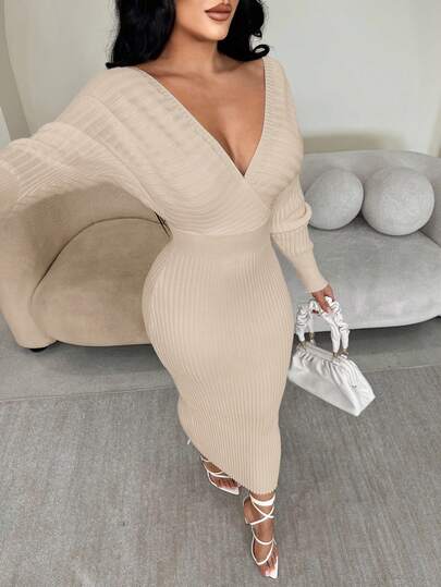 SHEIN SXY Vestido de suéter ajustado de manga larga con escote en V blanco y hombros descubiertos, adecuado para uso diario, oficina, citas, casual, fiestas, Acción de Gracias, Navidad. Vestido midi blanco, vestido de manga larga blancoajustadodo bodycon blanco, vestido midi acanalado en otoño/invierno