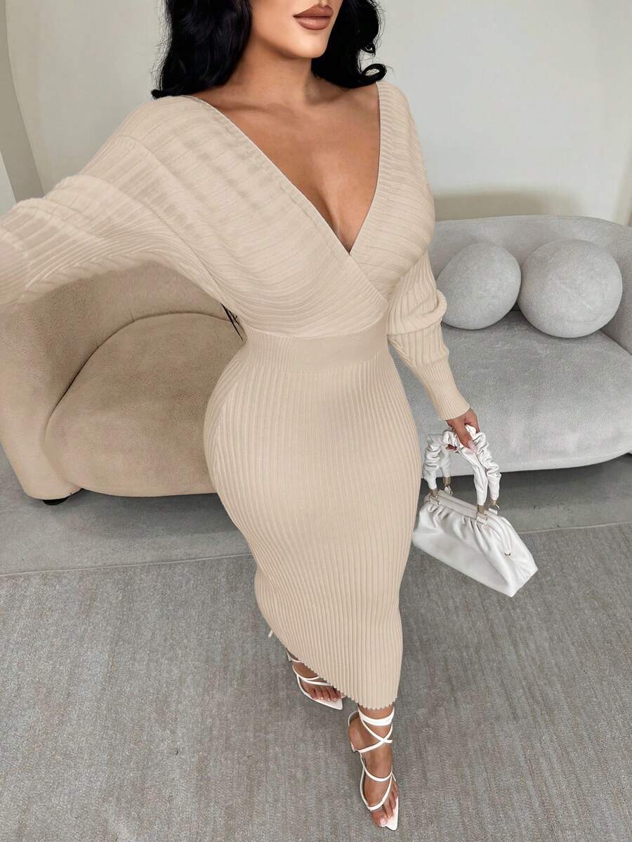 SHEIN SXY 女士性感优雅白色 V 领露肩长袖修身毛衣裙,适合日常穿着、办公室、约会、休闲、派对、感恩节、圣诞节白色中长裙白色长袖连衣裙白色紧身连衣裙罗纹中长裙秋冬 - 杏色 - 查看 1