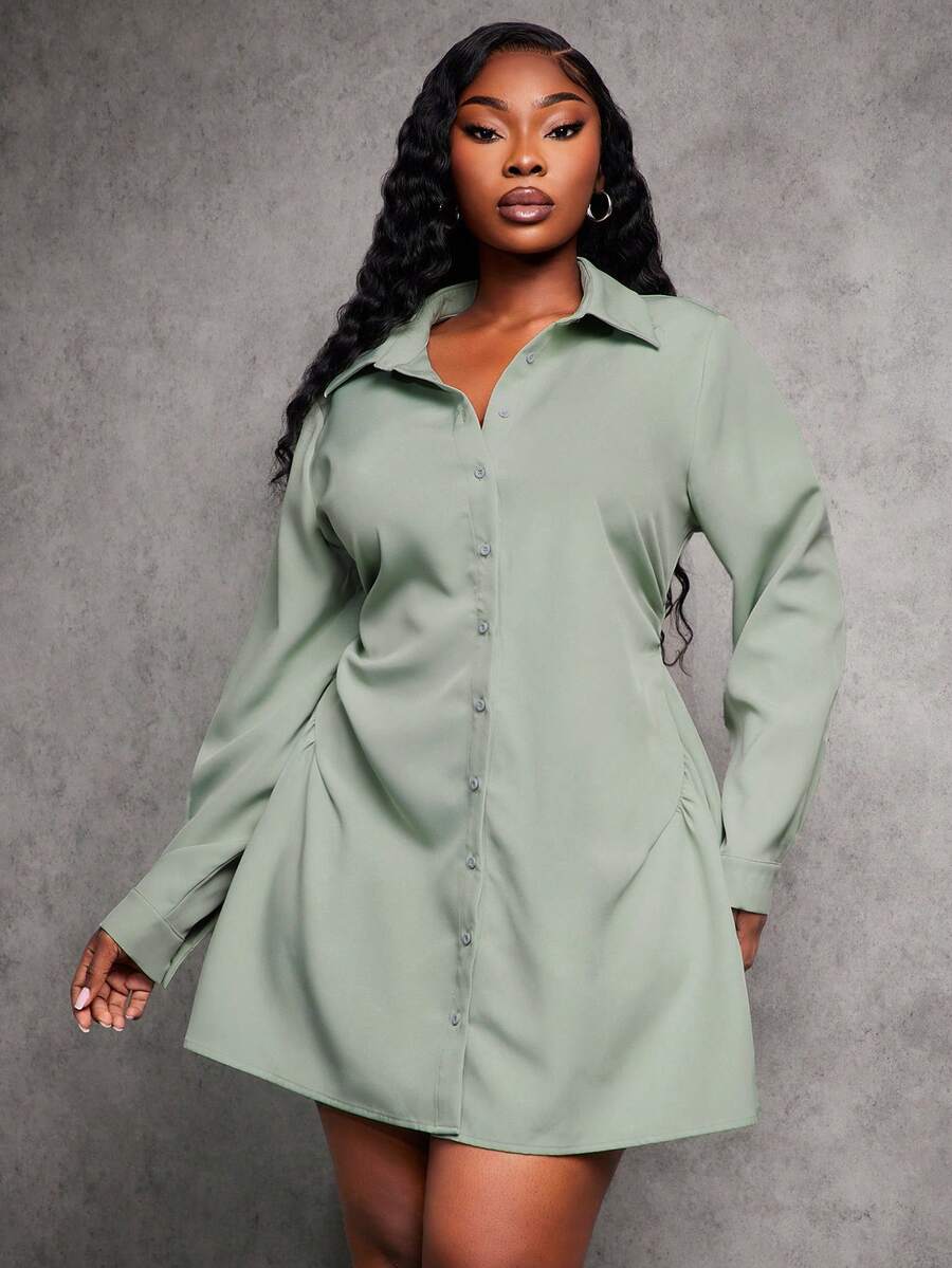 SHEIN SXY Plus Size Women's Autumn/Winter New Arrival, Mint Green Long Sleeve Waist Pleated A-Line Shirt Dress - Green - View 1