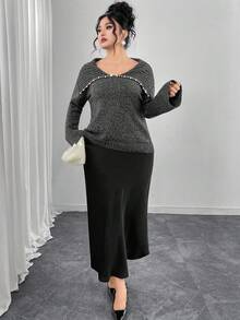 Modelyn Plus Size Elegant Pearl Embellished Flare Sleeve Sweater, Autumn/Winter - Dark Grey - View 5