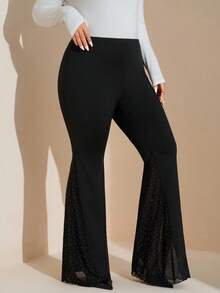 SHEIN Tall CURVE 加大码纯色简约喇叭裤，女士休闲日常秋季服装 - 黑色 - 查看 5