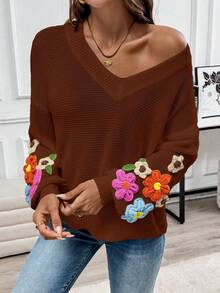 EMERY ROSE Women's Casual V-Neck Crochet Lantern Sleeve Pullover Sweater - Rust Brown - View 5