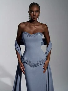 Elitara Elegant & Luxurious Women's Formal Evening Gown (Heavily Embellished) - Blue - View 2