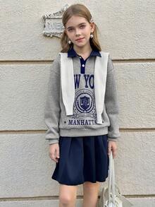 Tween Girls 2 In 1 Polo Collar Sweatshirt & Skirt Set - Multicolor - View 6