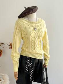 SHEIN Unity Áo len chui đầu dài tay trễ vai dệt kim màu nâu tối giản sang trọng dành cho nữ, Thu/Đông - Butter Yellow - Xem 6