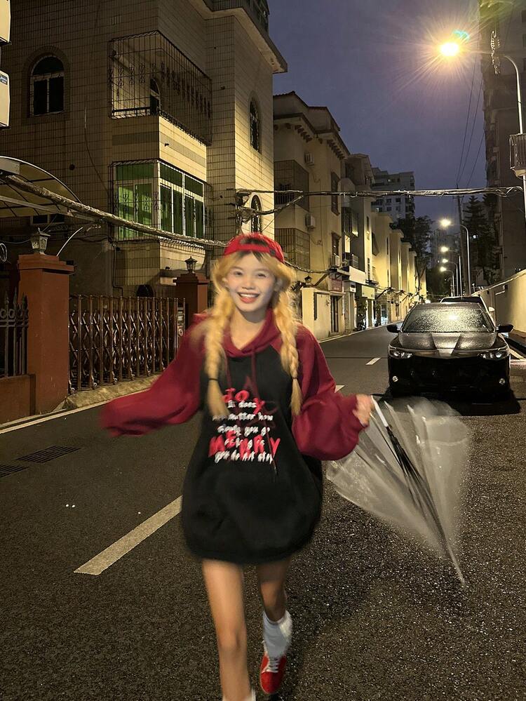 Women's Raglan Sleeve Hooded Sweatshirt, Korean Style