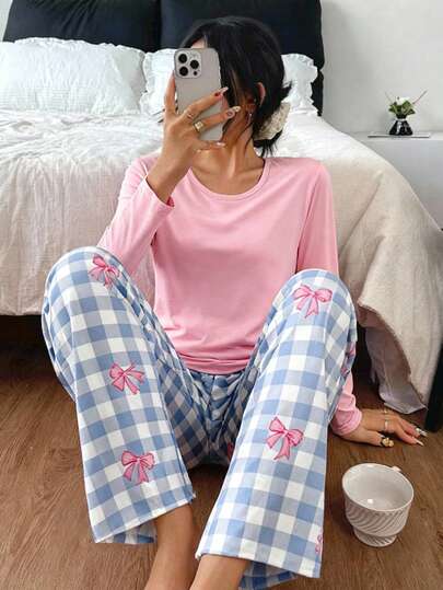 2 件套青少年女孩甜美可爱纯色粉色圆领长袖上衣和蓝粉色格子蝴蝶结裤休闲舒适家居服