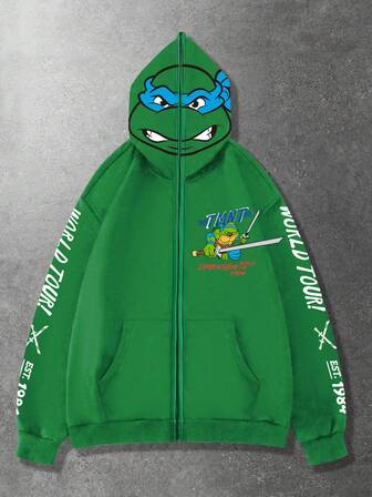 TEENAGE MUTANT NINJA TURTLES X ROMWE Herren Lässig Pullover mit Reißverschluss, Kapuze, Buchstaben- und Schildkrötendruck, Herbst