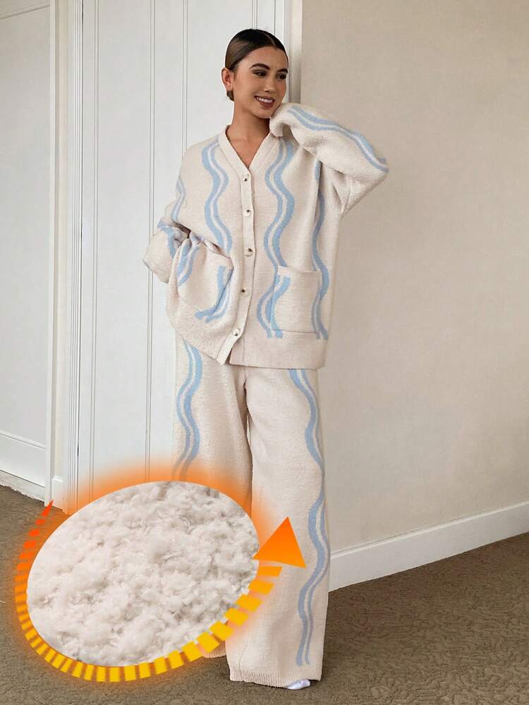2pcs Striped Pattern Loose Long Sleeve Top & Pants Knitted Women Pajama Clothes Set, Autumn/Winter