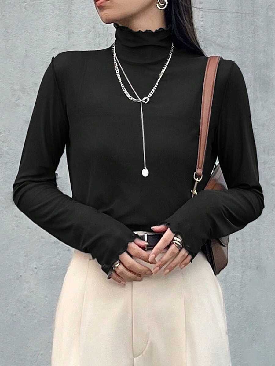 FRIFUL Women's Mesh Sheer High Neck Tee,See-Through Blouse For Summer Long Sleeve Women - Black - View 1