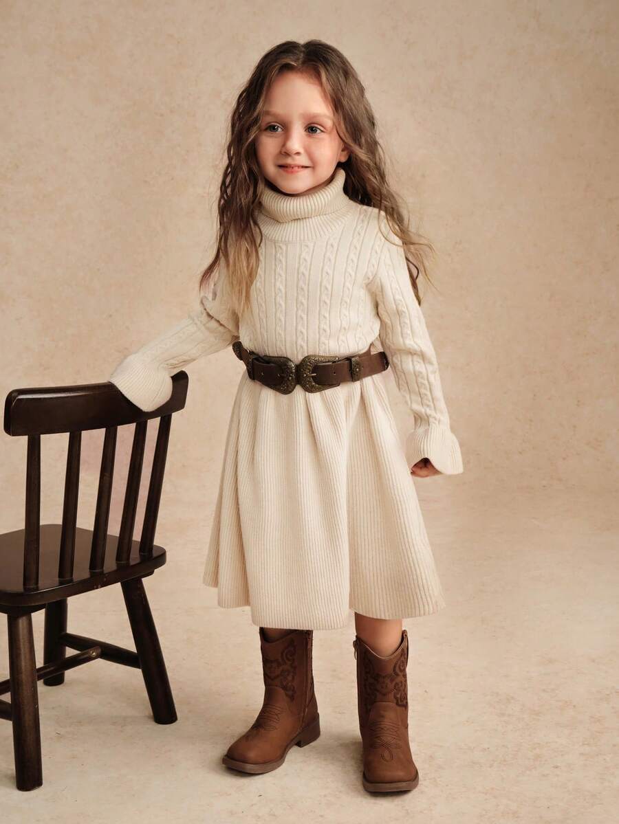 年轻女孩时尚高领长袖毛衣裙 - 杏色 - 查看 1