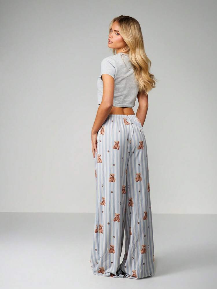 MISSGUIDED Christmas Bear Print Pajama Set With Crop Top And Wide Leg Pants Sleepwear For Women Loungewear