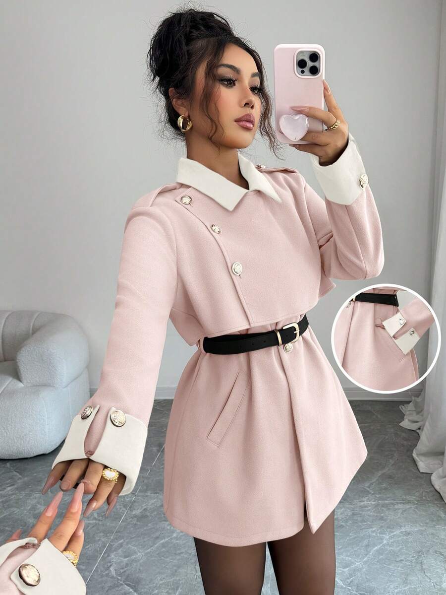 Selianne Elegant Luxury Fashion Thick Women's Contrast Color Lapel Long Sleeve Button Design Overcoat - Pink - View 1