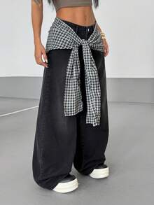 StreetHx Jeans casuales con cinturón y ajuste holgado para mujer - Negro - Ver 5