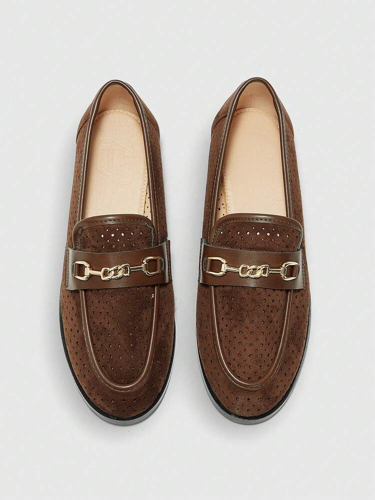 CUCCOO BIZCHIC Women's Fashion Coffee Suede Hollow Breathable Metal Buckle Comfortable Casual Loafers, Suitable For Outdoor, Shopping, Work, Daily Wear For Christmas