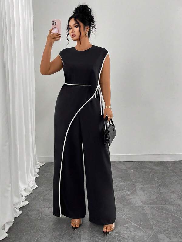 SHEIN Elenzya Plus Size Women's Tie Waist Wide Leg Round Neck Contrast Color Casual Jumpsuit
