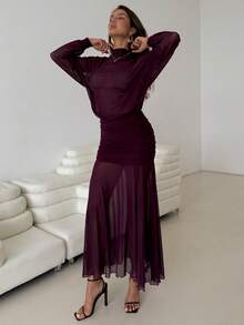 Aloruh Elegant Sexy Purple Sheer Mermaid Dress - Red Violet - View 4