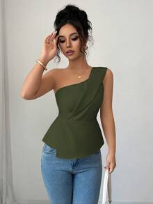 Elenzga 女士休闲纯色荷叶边露肩上衣，夏季 - 軍綠色 - 查看 5