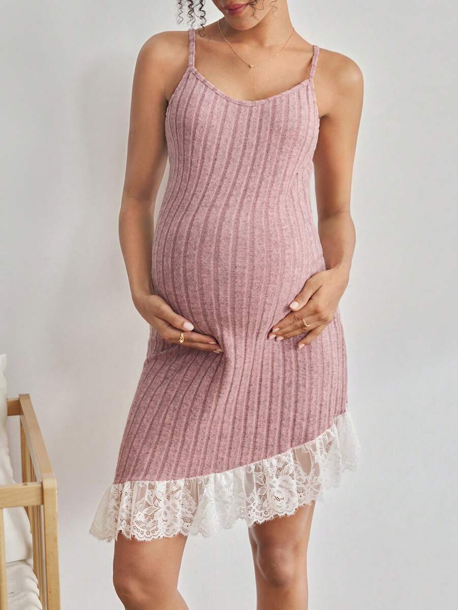 Moonlight&Mama Camiseta sin mangas de encaje con parches de unicolor para mujeres embarazadas, casual y sencilla para uso diario - Rosa - Ver 1