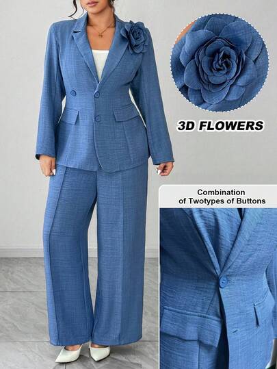 Elenzga Conjunto de chaqueta blazer y pantalón de pierna ancha con decoración floral elegante para mujer talla grande
