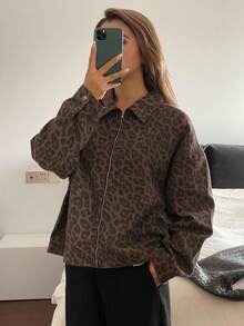 DAZY Women's Leopard Print Loose Casual Denim Jacket - Rust Brown - View 4