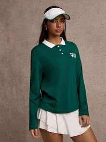 Gameset SHEIN Sport 女士字母印花落肩长袖运动Polo衫 - 綠色 - 查看 3