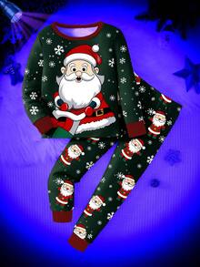 青少年男孩圣诞节夜光圣诞老人印花贴身长袖上衣和裤子两件套睡衣套装 - 綠色 - 查看 4