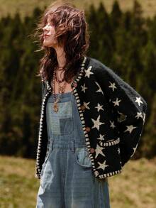 Bohemela 波西米亚风春/冬外套，女士休闲复古星形提花双口袋多功能长袖开襟羊毛衫，西部乡村风格，适合海滩度假、日常穿着、返校、外出、派对、新年、情人节、2000年代复古风、Y2K夏季假期、海滩 - 黑與白 - 查看 4