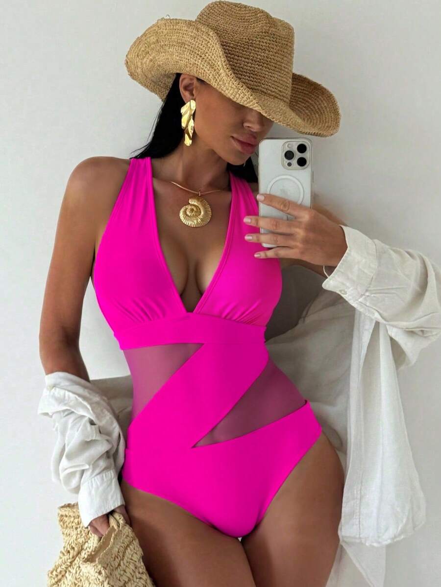 Costavie Summer Mesh Contrast Halter One-Piece Swimsuit - Hot Pink - View 1