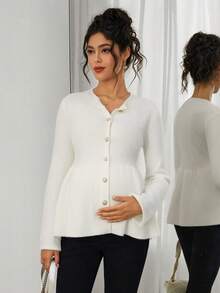 SHEIN Maternity Solid Color Drop Shoulder Long Sleeve Front Button Ruffle Hem Knit Cardigan