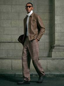 AKNOTIC 男士褶皱设计格子直筒宽松休闲裤高腰裤格子裤褶皱裤法兰绒褶皱长裤男士修身版型教堂裤，冬天穿