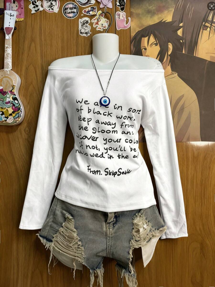 SHEIN 女式露肩长袖字母图案休闲夏季百搭T恤 - 白色 - 查看 1
