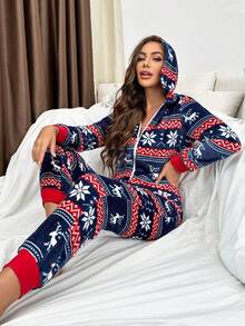 女士圣诞几何印花连帽连体衣，蓬松舒适家居连体衣，费尔岛冬季蓬松舒适羊毛驯鹿连体衣 - 藍色 - 查看 5