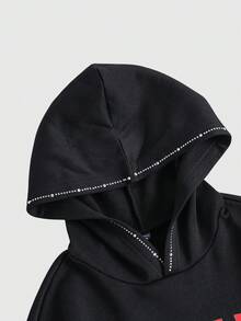 ROMWE MEN Prep 男士休闲撞色条纹拼接连帽衫，长袖上衣 - 黑色 - 查看 4