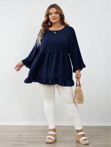 SHEIN CURVE+ Kemeja Pullover Ukuran Besar Warna Polos dengan Hem Berkerut, Cocok untuk Acara Santai, Pakaian Musim Gugur untuk Wanita, Musim Dingin, CURVE PLUS - Navy Blue - View 6