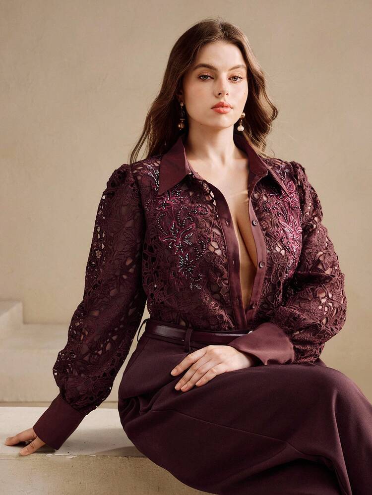 Elegant Plus Size Brown Woven Fabric Shirt With Collar Extra Long Puff Sleeves And Embroidery Detail
