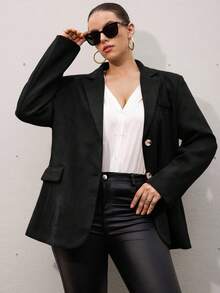 Aveloria Modichic 女式缺口领双排扣长袖休闲优雅OL通勤仿麂皮西装外套 - 黑色 - 查看 6