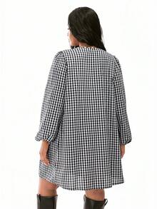 Solavibe Vestido casual de talla grande con cordones y estampado de cuadros - Blanco y Negro - Ver 3
