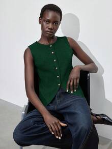 Maija 女士纯色前开襟无袖针织上衣，优雅百搭，适合都市通勤、商务、休闲、办公穿着，也适合冬季、圣诞节和新年穿着。 - 墨綠色 - 查看 2