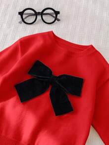 Cozy Pixies Baby Girl Colorblock Bow Decor Round Neck Drop Shoulder Pullover Sweater, Casual & Versatile For Autumn/Winter - Red - View 9