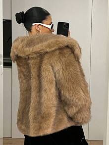 SHEIN ICON Short Solid Color Fashionable Winter Versatile Oversized Lapel Open Front Faux Fur Coat,Fall, Winter - Khaki - View 2