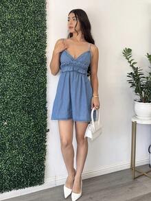 Andrea Bello 女式夏季牛仔连衣裙，带荷叶边和腰部褶饰 - 淺色水洗藍 - 查看 6