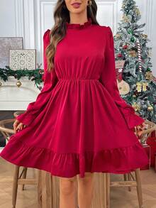 EMERY ROSE Đầm suông dài tay cổ bèo nhún màu trơn dành cho nữ - Đỏ - Xem 8