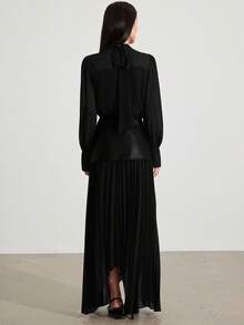 Heiryn 2件套女士优雅雪纺长袖上衣和百褶裙套装，秋季 - 黑色 - 查看 2