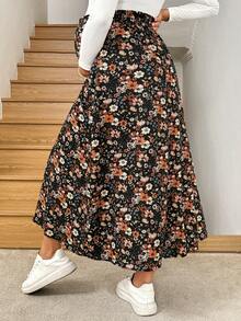 SHEIN Falda de embarazo casual con estampado y dobladillo dividido - Negro - Ver 2