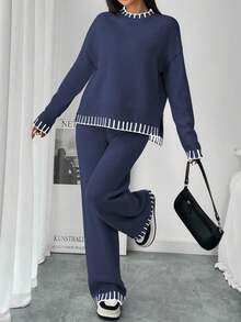 SHEIN Holidaya Terno feminino elegante, solto, de duas peças, com cor contrastante, suéter de manga comprida, blusa e calça, outono - Azul Real - Ver 6