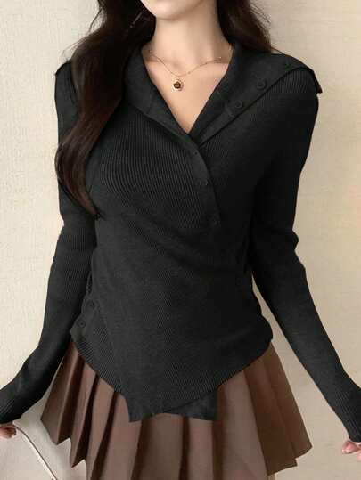 DAZY 女式不对称连帽韩版休闲长袖纯色毛衣，春秋季