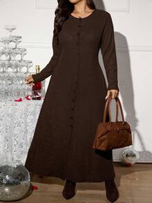 SHEIN LUNE Damen Große Größen Herbst und Winter Lässig Enges Basis Langes Kleid mit Knopfverschluss und Schlitzschlitz Langarm Langes Kleid - Braun - Übersicht 6