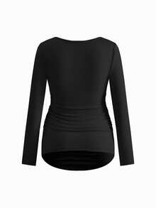 Modmama Maternity Solid Color Square Neck Long Sleeve Ruched Fitted T-Shirt Pregnancy Clothing Maternity Tops Pregnancy Shirts Curve Maternity Clothes Maternity Shirts For Women
