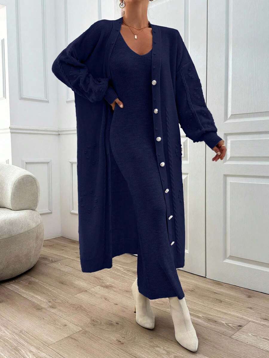 EURMUSE Ponpon And Stone Button Detail Maxi Long Cardigan - Navy Blue - View 1